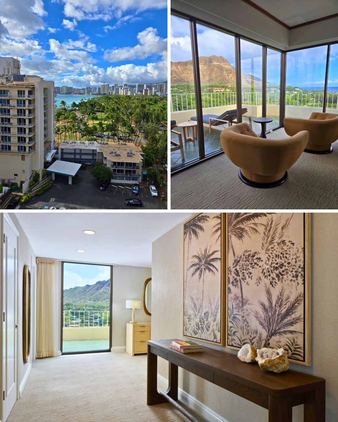 Collage of a hotel room with a balcony view of a cityscape, ocean, and mountains; includes a seating area, hallway with artwork, and large glass windows.