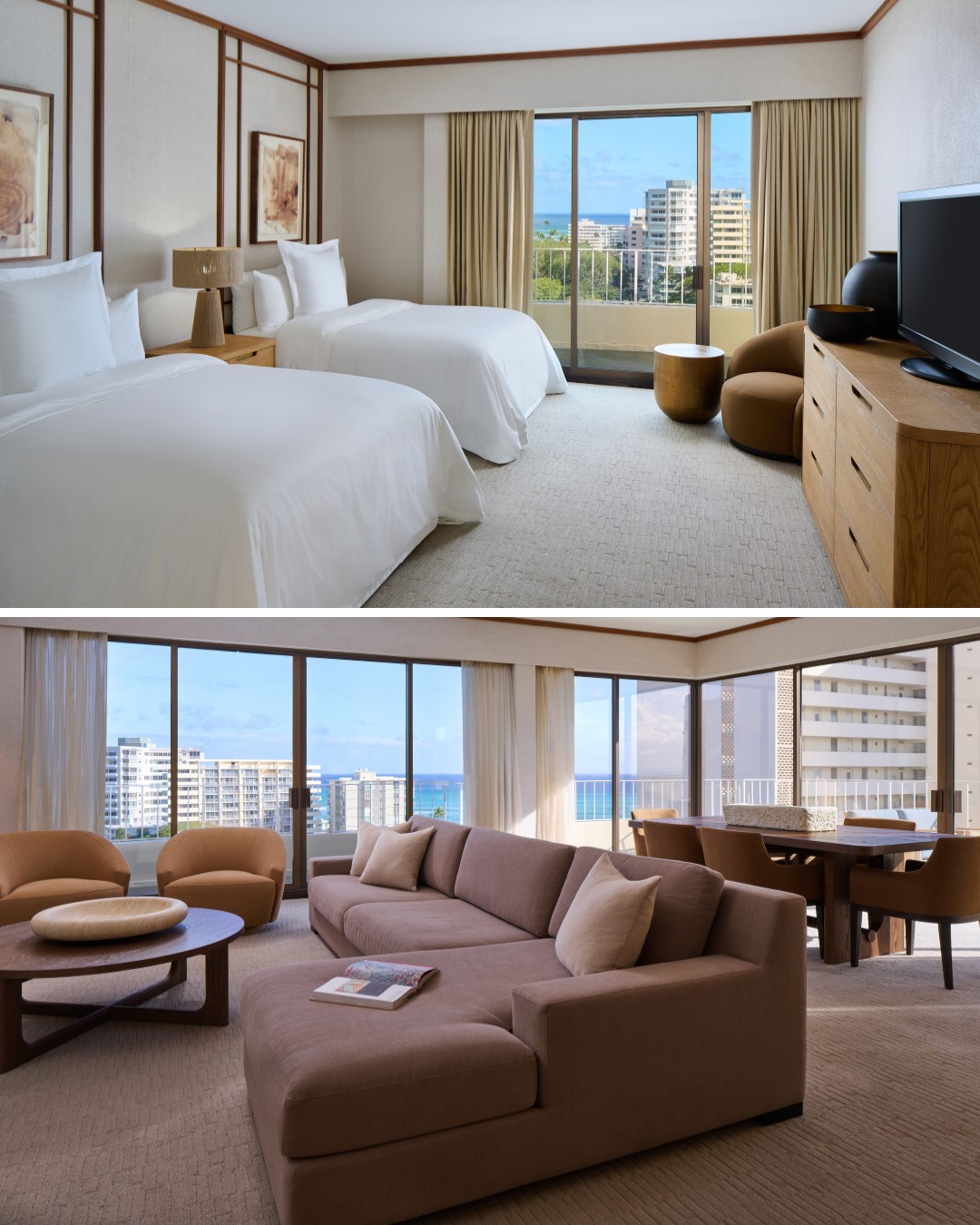 Collage of two hotel rooms: top shows a bedroom with two beds and a balcony view; bottom shows a living area with a couch, table, and large windows overlooking city buildings and ocean.