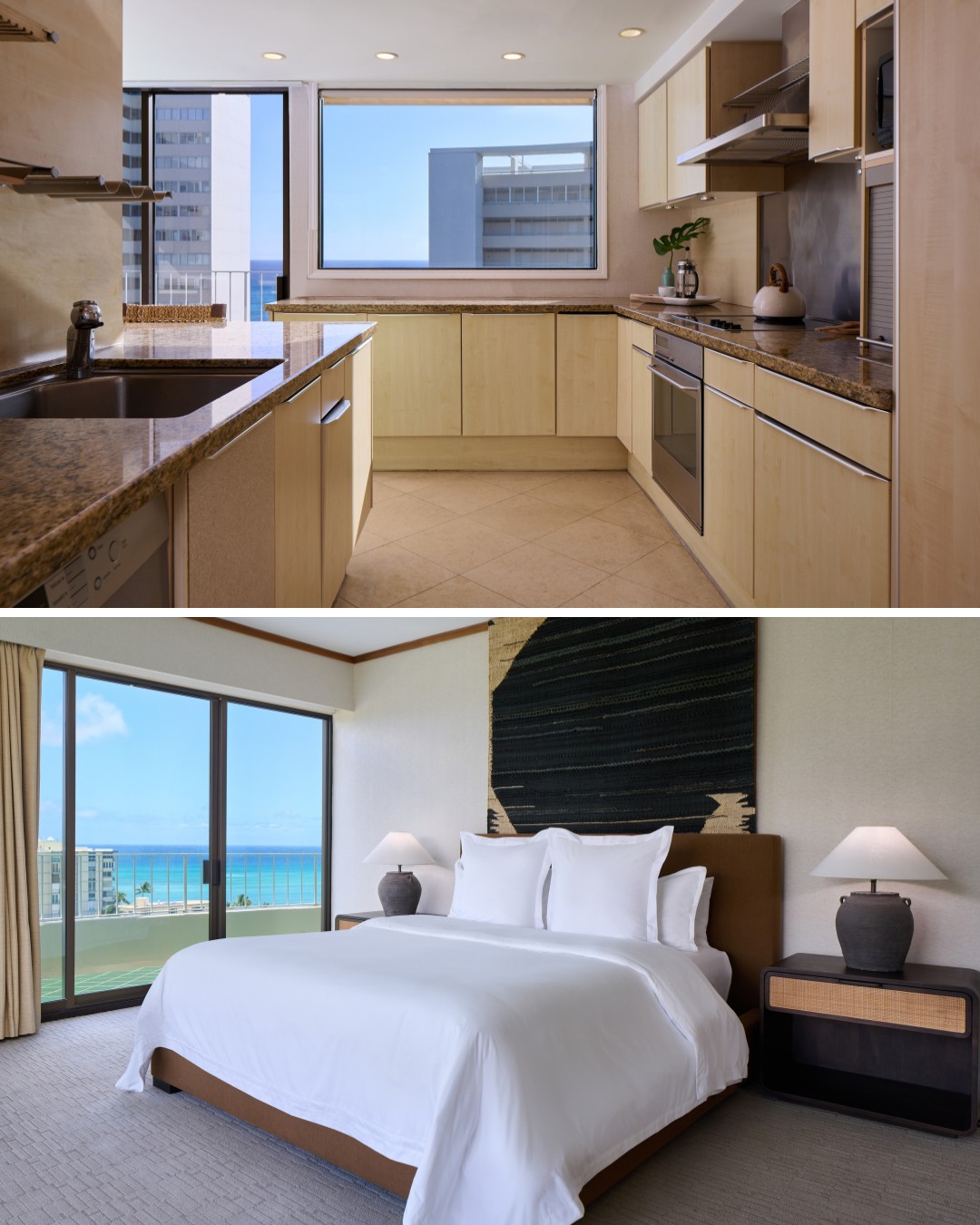 A modern kitchen with wooden cabinets and a scenic ocean view; below, a bedroom with a large bed and ocean view.