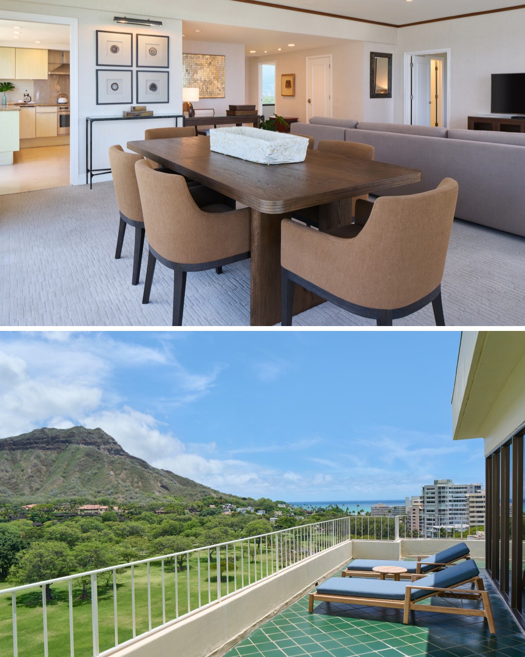 Top image: Modern dining and living area with neutral tones. Bottom image: Balcony with a view of a mountain and cityscape.