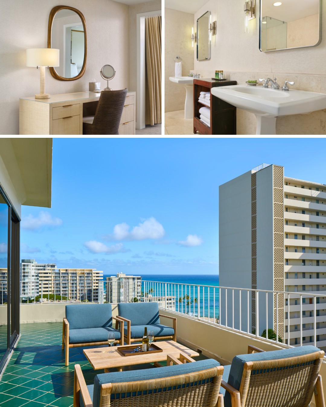 Collage of a hotel room desk with oval mirror, bathroom with dual sinks, and balcony with seating overlooking a cityscape and ocean.