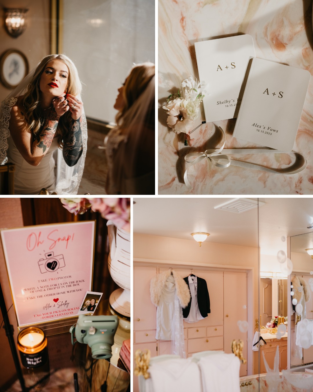 Collage: Woman applying makeup, pair of white journals with initials and flower, sign with photo-taking instructions next to camera, and a wedding dress hanging in a room.