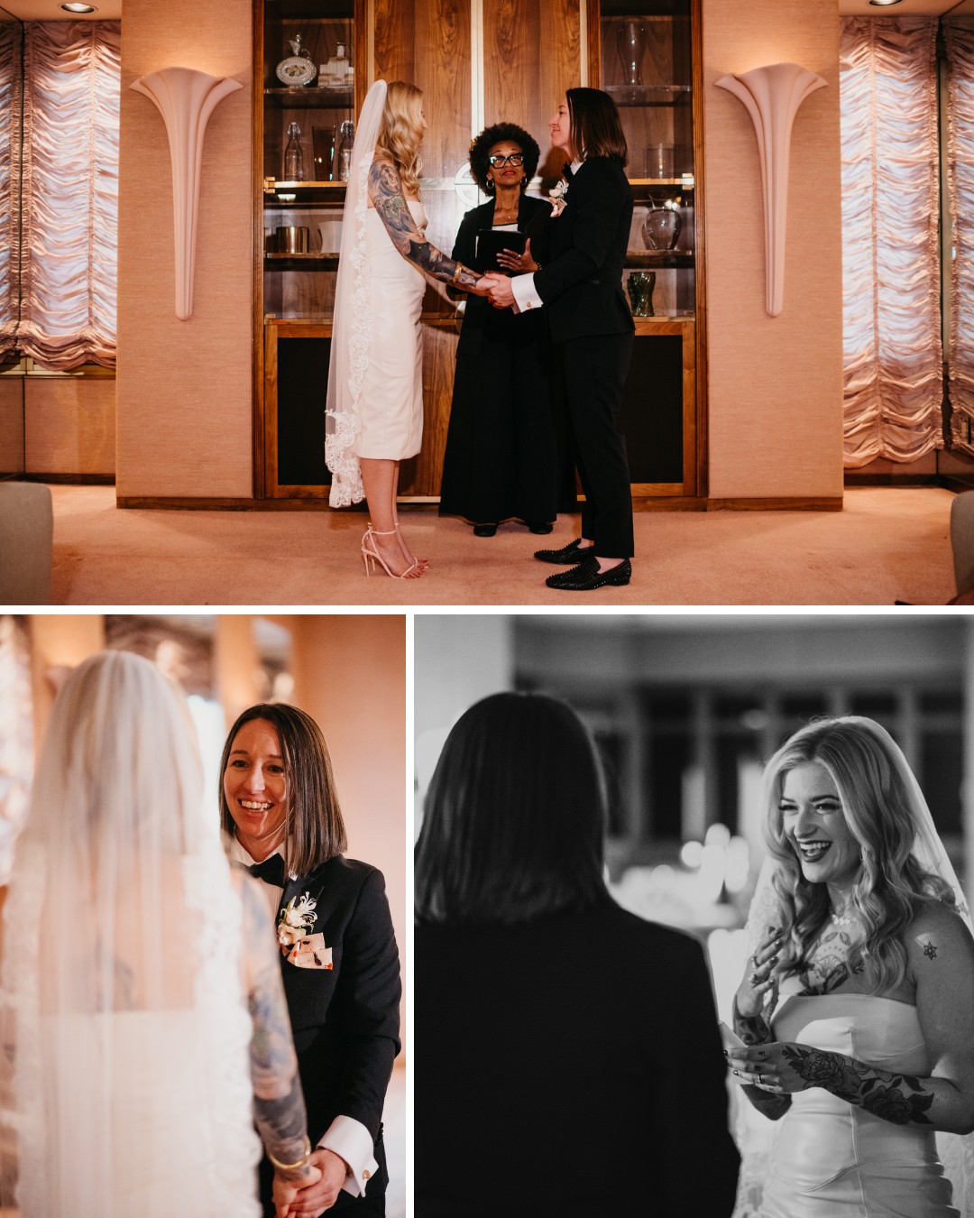 Two people exchanging vows officiated by a third person indoors, featuring elegant decor, with additional close-up images of the ceremony.