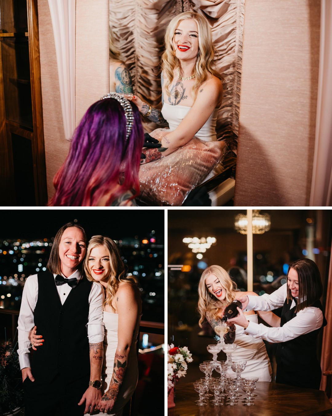 A couple celebrating at an event with city lights in the background. They pose together and joyfully pour champagne into a tower of glasses.