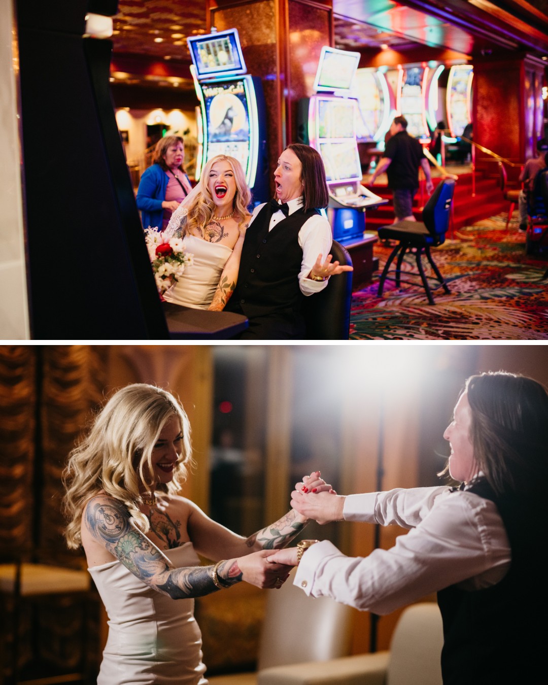 A couple happily poses at a slot machine in a casino. Later, they are seen dancing together, holding hands, and smiling.