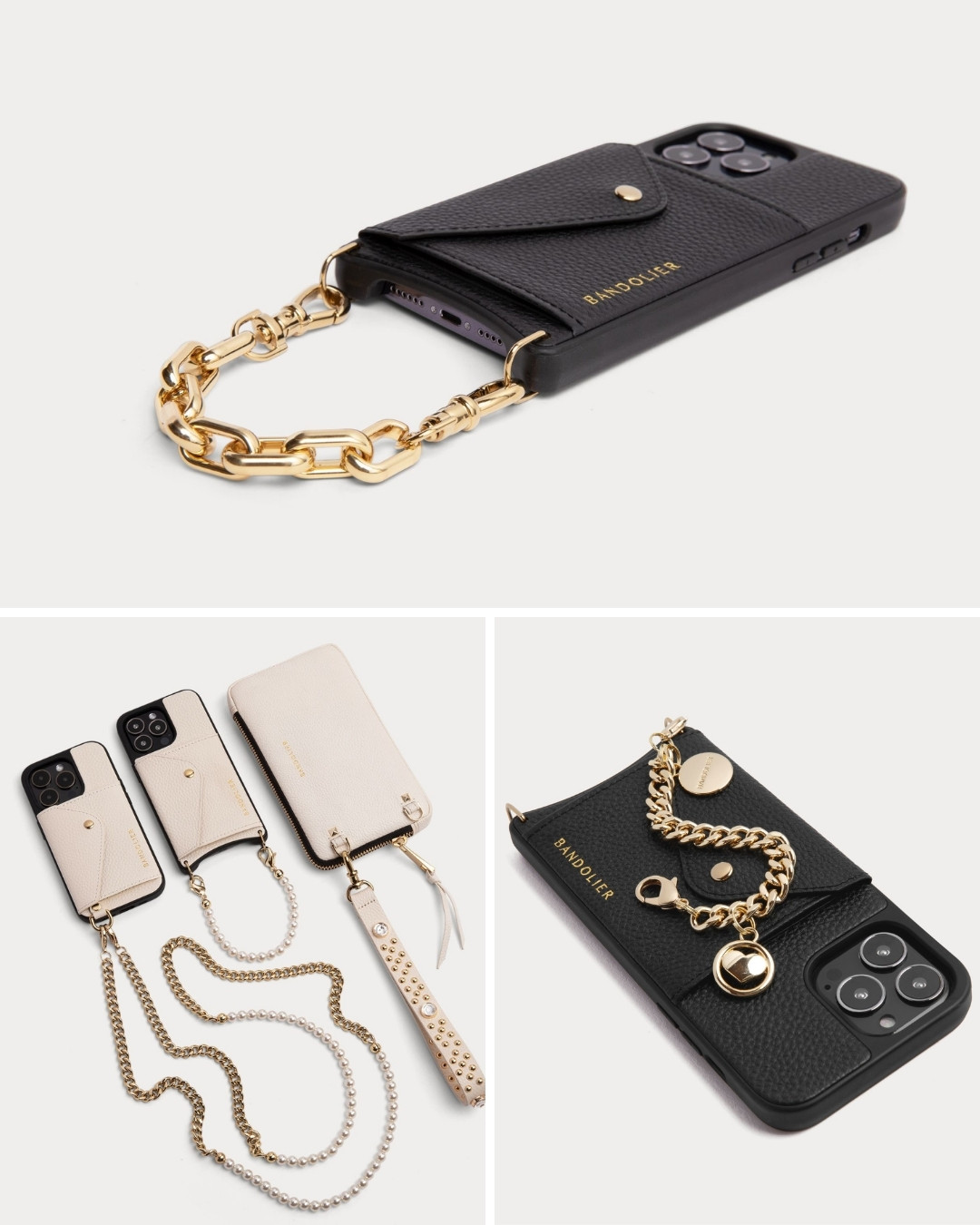 Phone cases with chain straps and pouches shown in black and beige, featuring gold-tone hardware and logo detailing.