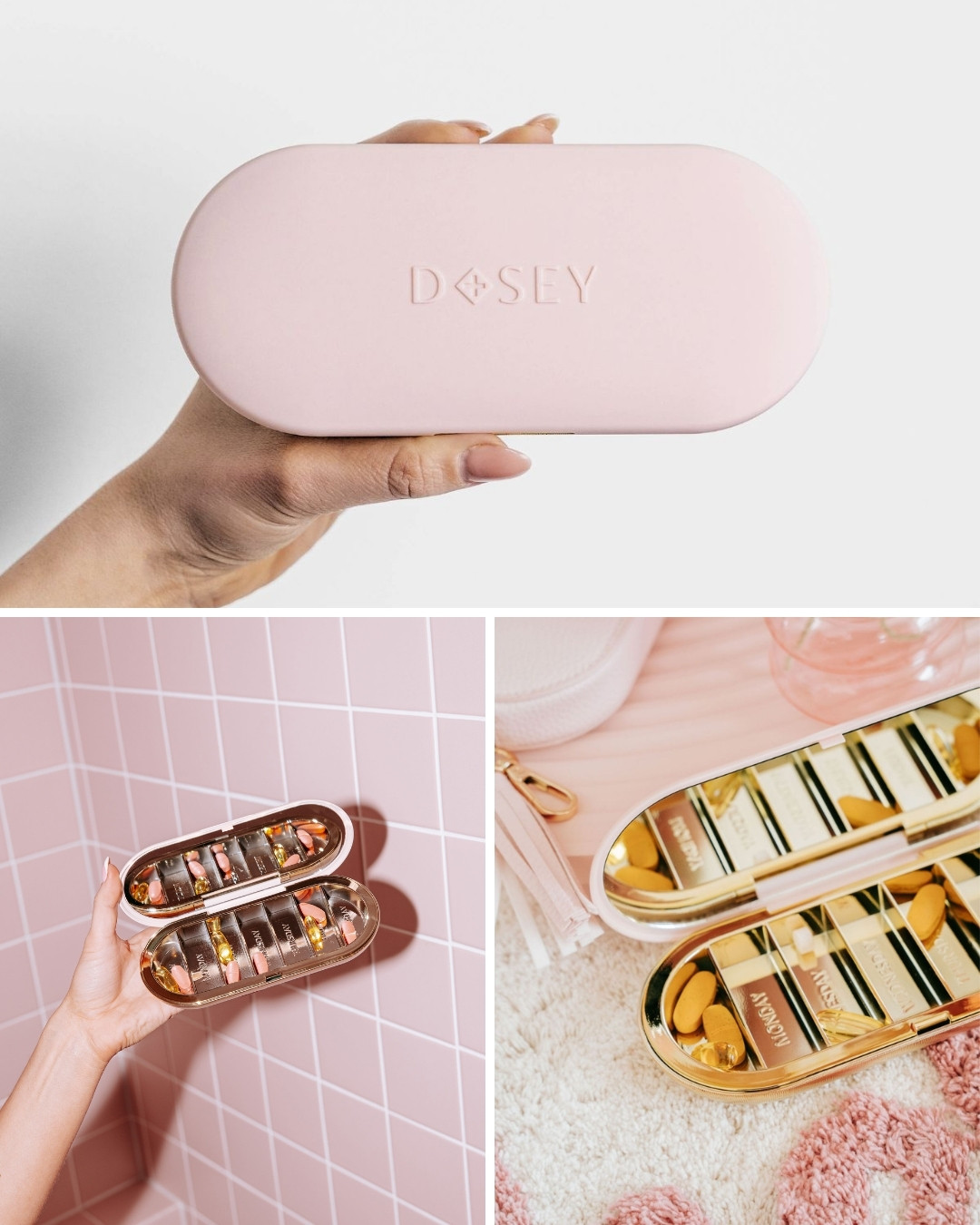 A hand holds a pink oval case labeled "DOSEY." Below, the open case displays compartments with vitamins.