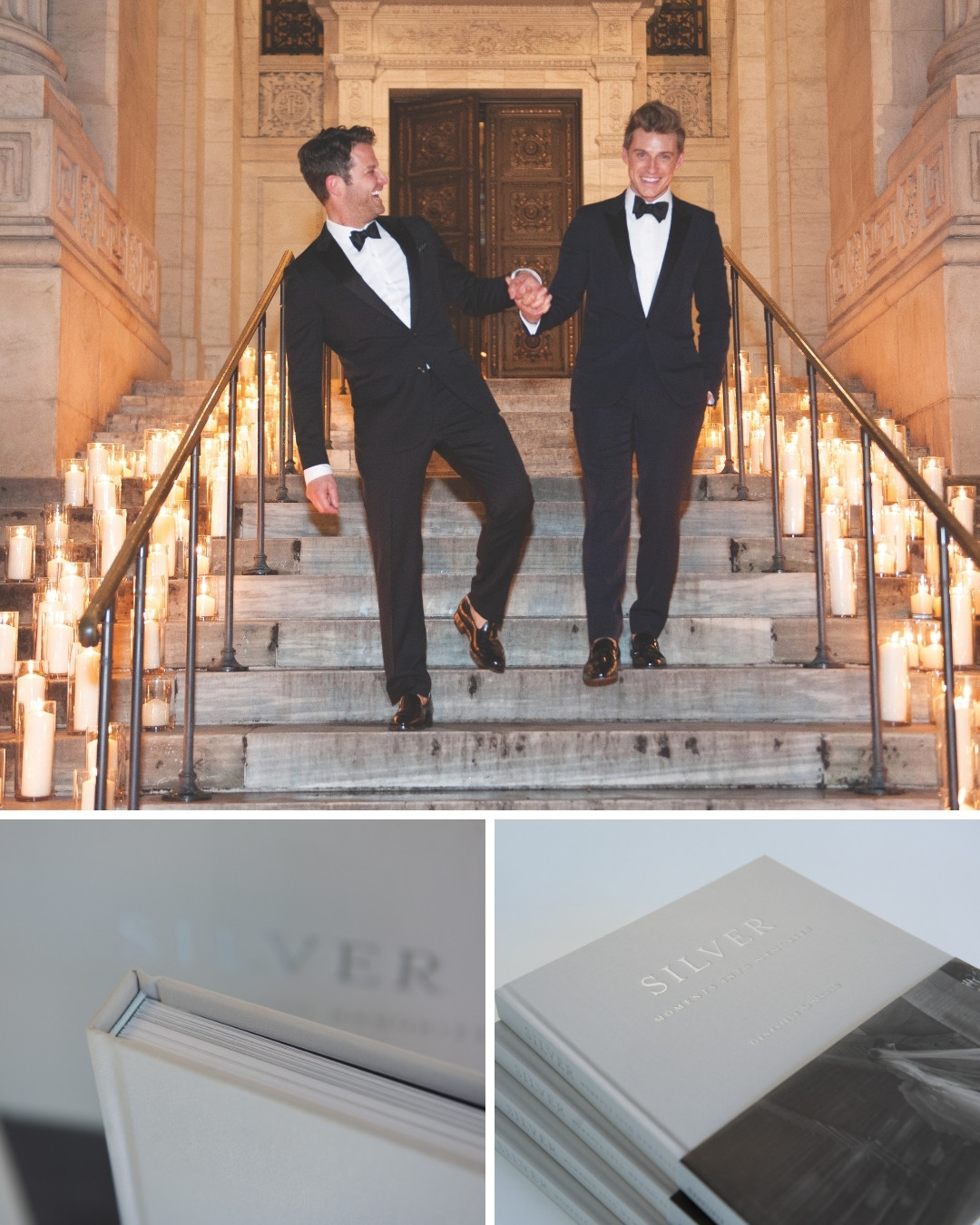 Two men in tuxedos walking down candle-lined steps, holding hands. Below are images of hardcover books titled "Silver.