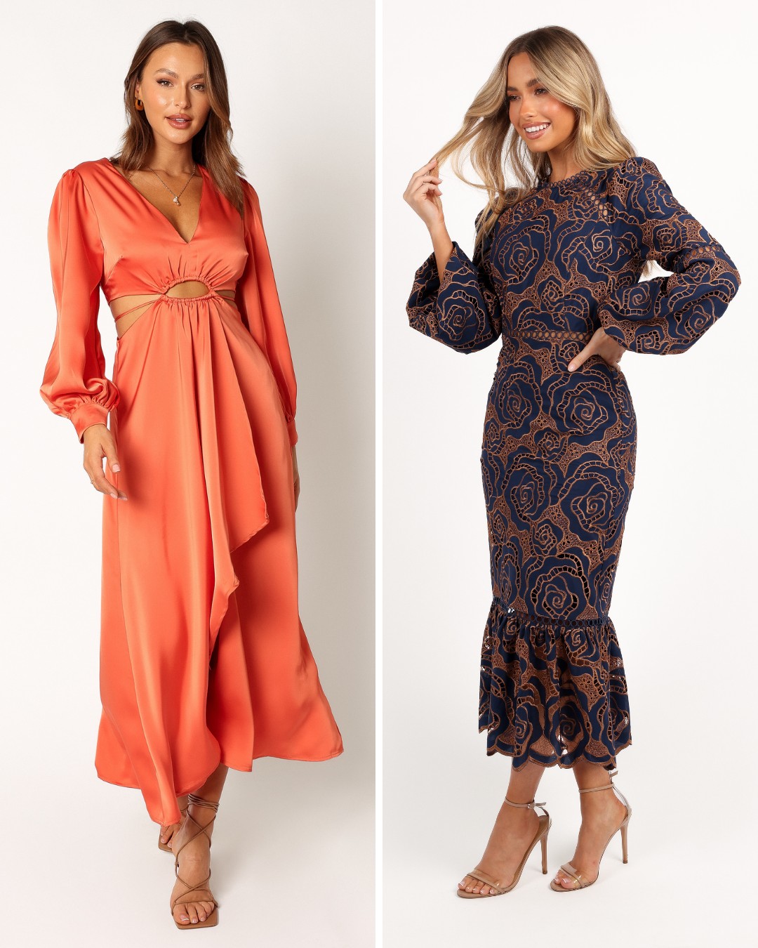 Two women posing in elegant dresses. The left dress is orange with long sleeves and cut-out details. The right dress is navy with a floral pattern and ruffled hem. Both wear heels.