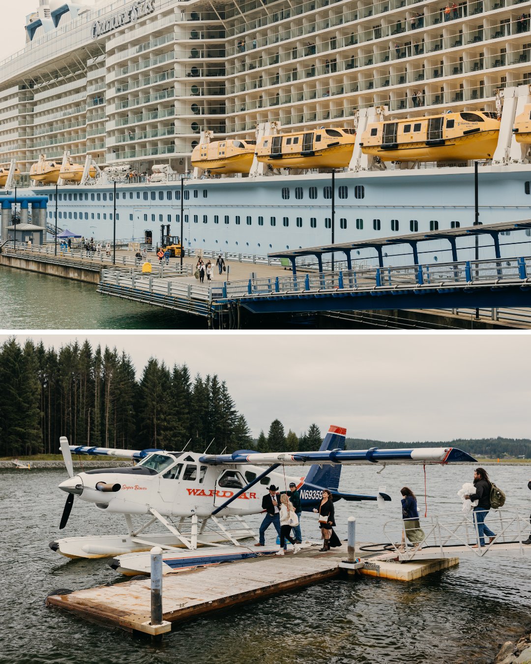 Seaplane on water near a dock with people boarding; large cruise ship moored at a nearby pier with trees in the background.