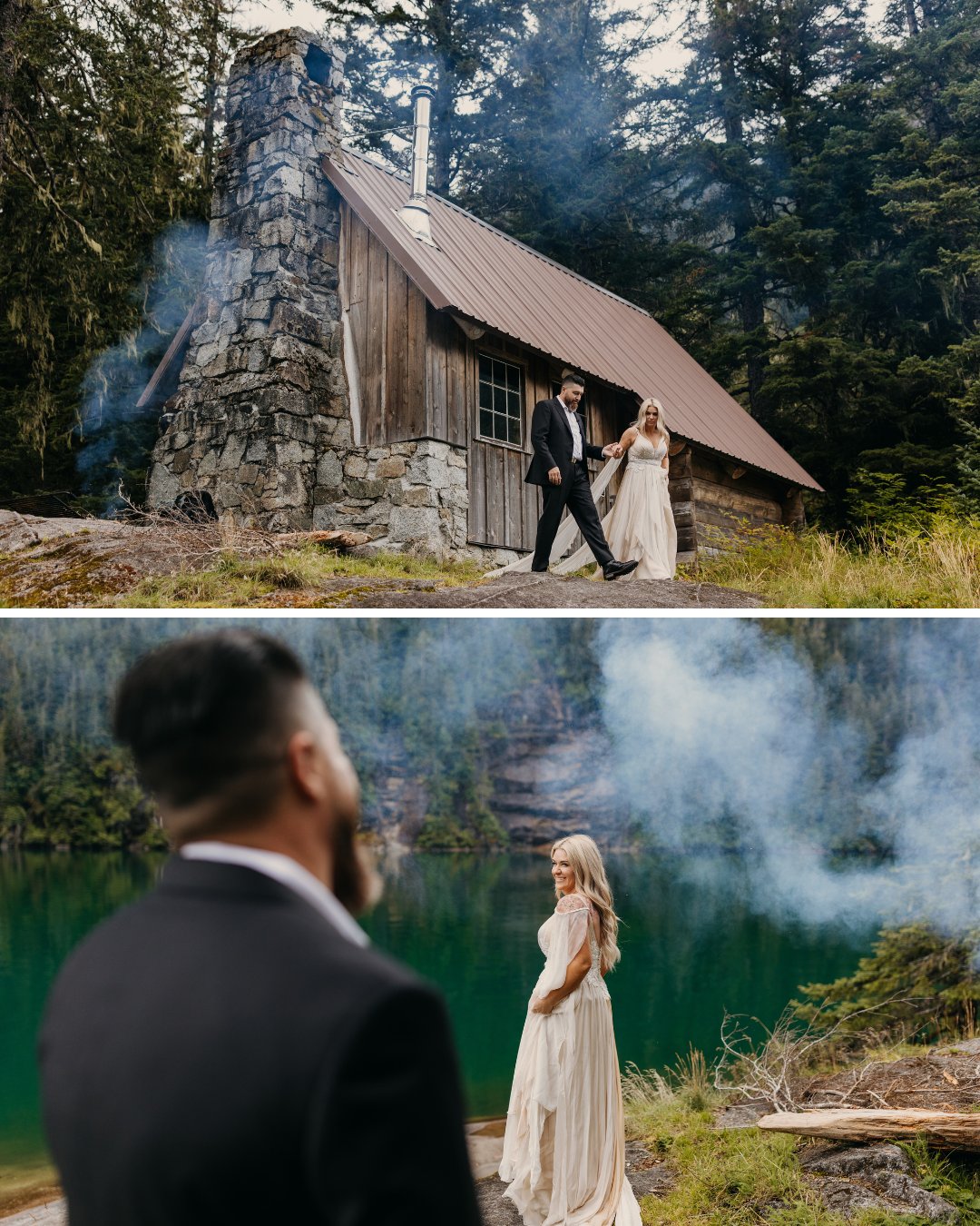 A couple in formal attire poses near a rustic cabin and a lakeside forest setting, with smoke visible in the background.