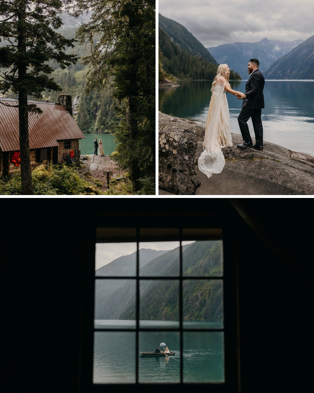 Three photos show a couple at a lakeside cabin: standing on a porch, holding hands on a rock by the water, and rowing a canoe on the lake, viewed through a window.