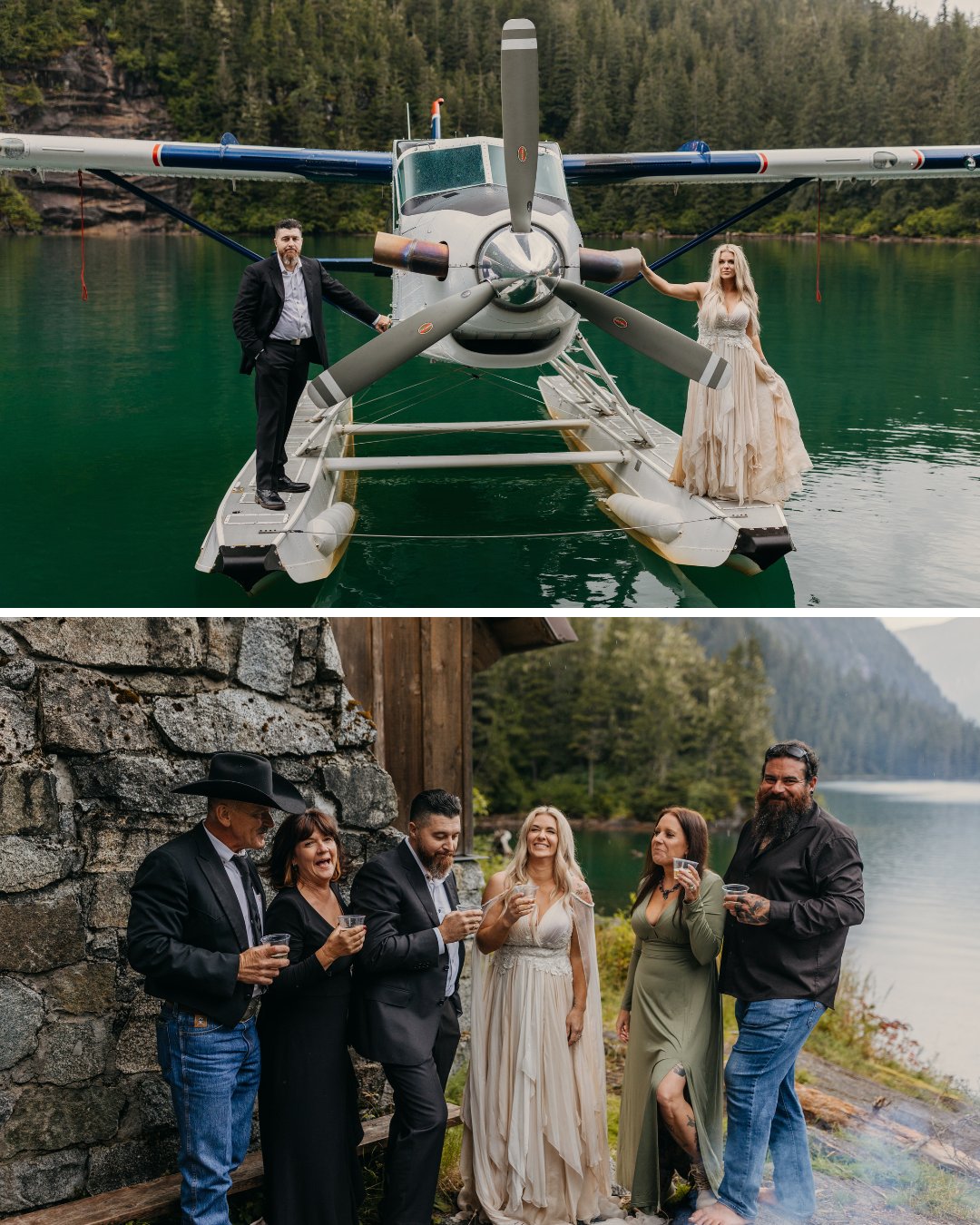 Top image: Couple standing on a seaplane's floats in a lake. Bottom image: Group of people in formal attire holding drinks near a stone building with a forested backdrop.