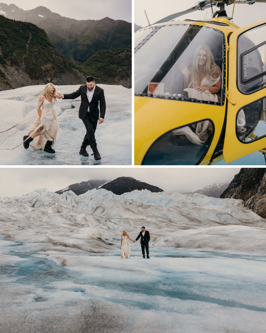 A couple in wedding attire walks on a glacier, with mountains in the background. They are also seen near and inside a yellow helicopter.