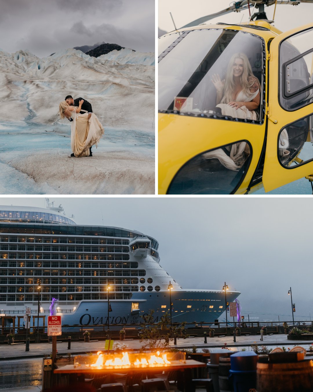 A couple poses on a glacier, a bride sits in a yellow helicopter, and a large cruise ship docked at a port beside a fire pit.