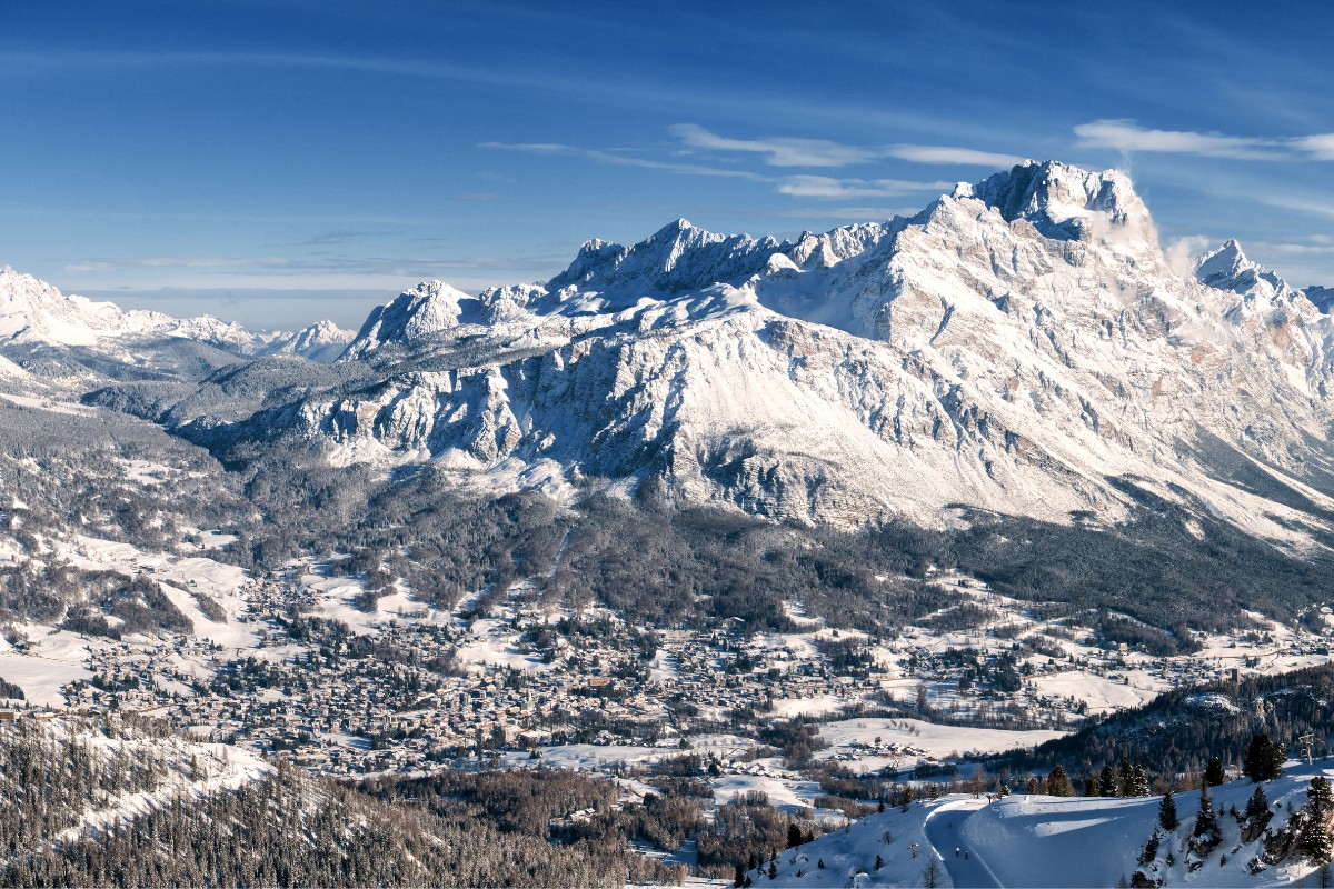 Snow-covered mountains overlooking a small town in a valley under a clear blue sky.