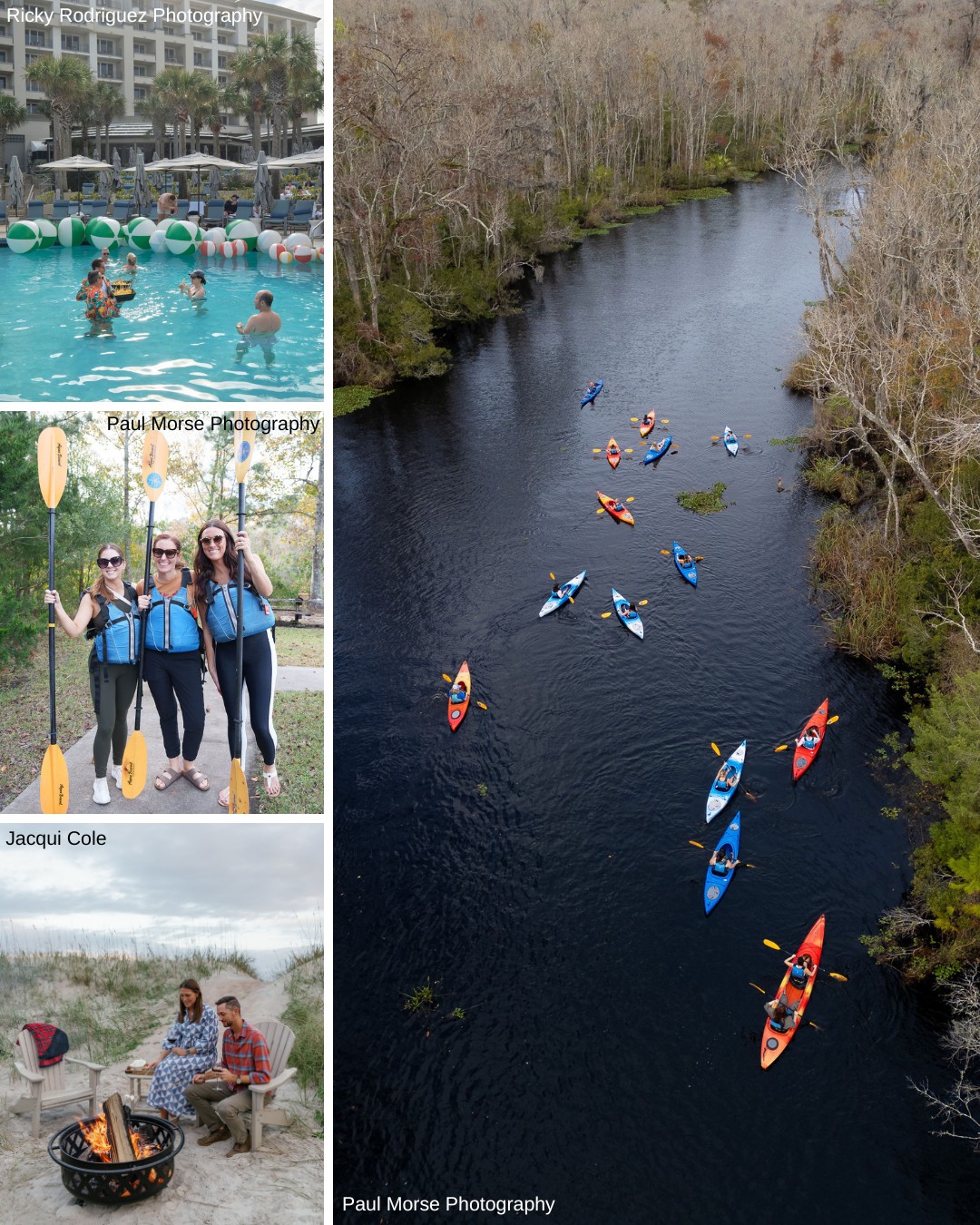 Collage of outdoor activities including a pool scene, group kayaking on a river, two women with paddles, and a couple sitting by a fire pit.