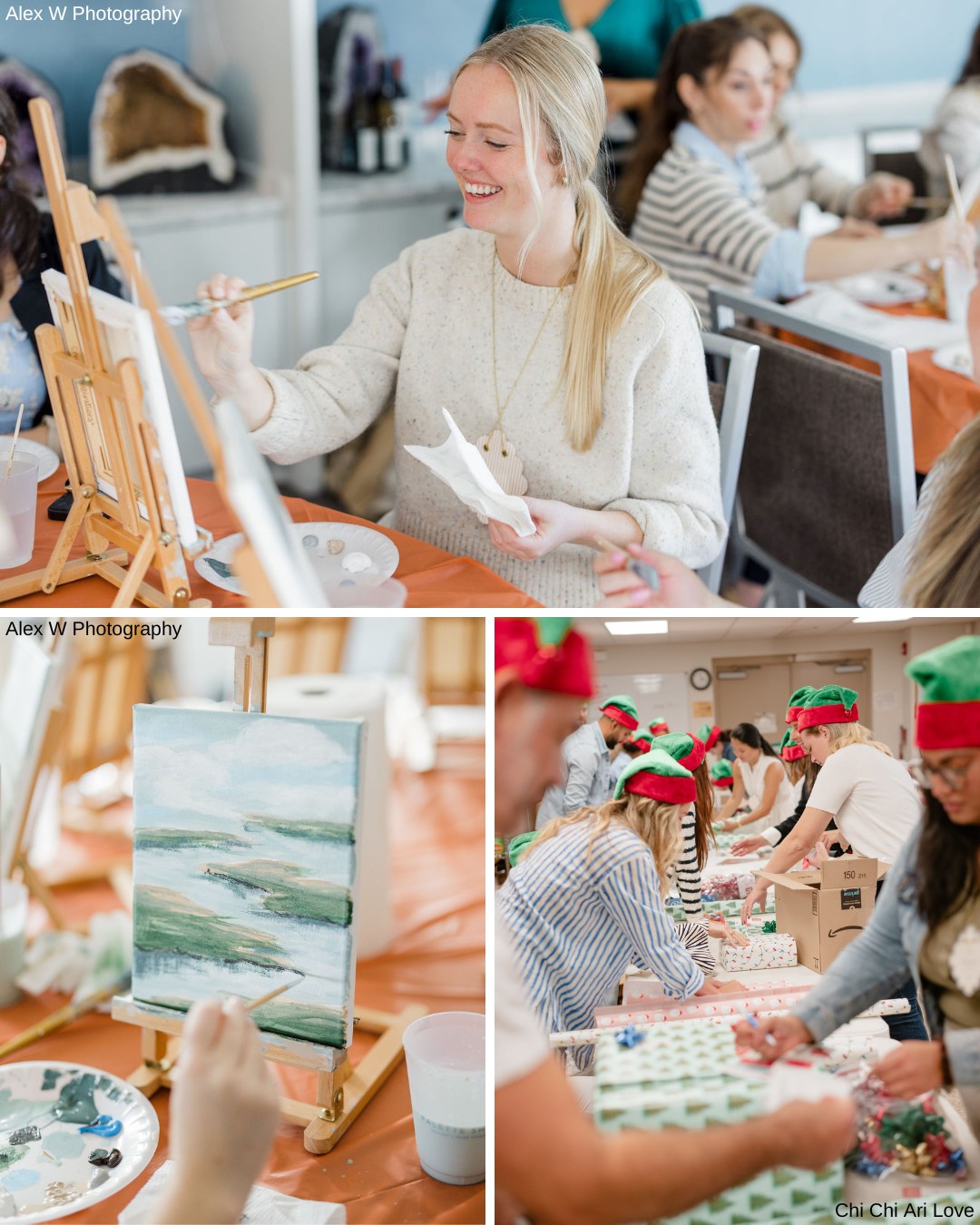 A woman paints a landscape. People wrapping presents. 