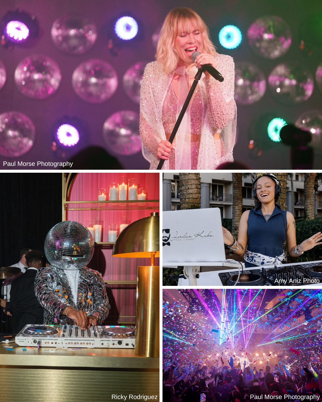 Collage of singers and DJs performing. Top image: woman singing on stage. Bottom left: DJ with a disco ball helmet. Bottom right: DJ smiling with equipment. Fourth image: vibrant club scene.