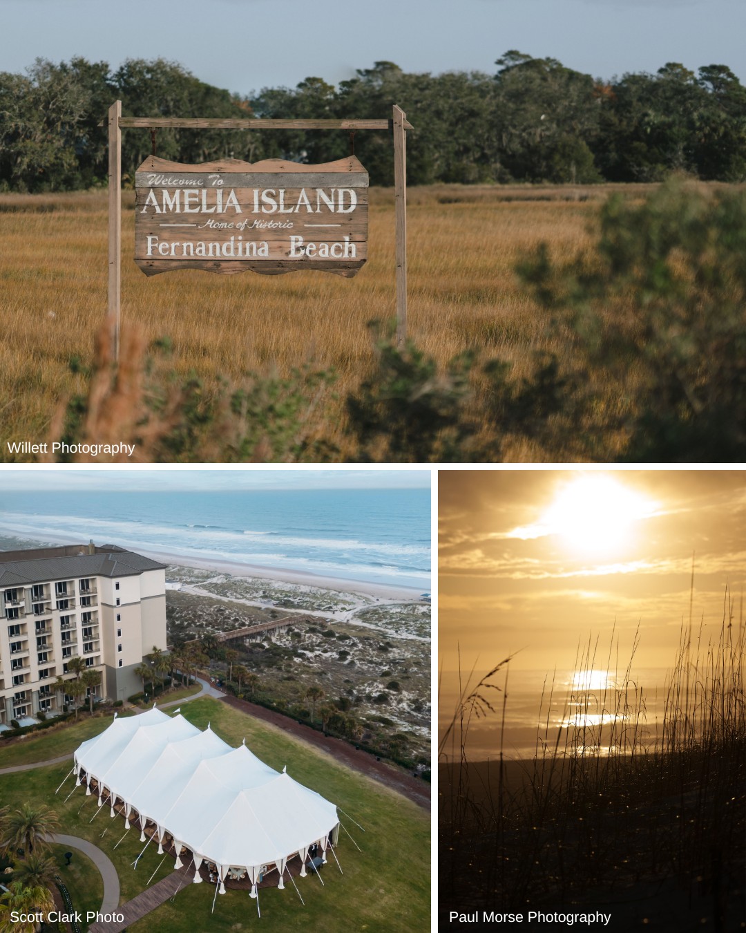 Collage with sign for Amelia Island, aerial view of a beachfront resort with a white tent, and a sunset over the ocean with silhouetted grass.