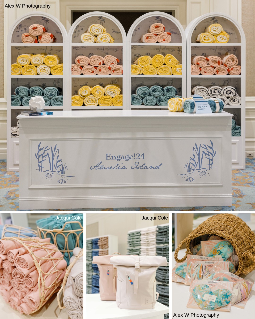 Rolled towels in various colors are displayed on shelves behind a white counter labeled "Engage!24 Amelia Island." Additional towels and bags are shown in smaller images below.