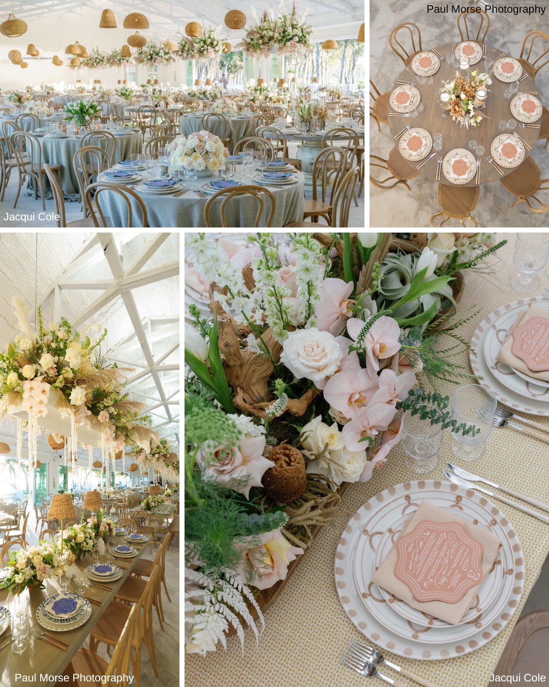 Elegant wedding reception setup with floral centerpieces, wooden chairs, and round tables set with glassware and plates, arranged in a bright venue with decorative basket lighting.