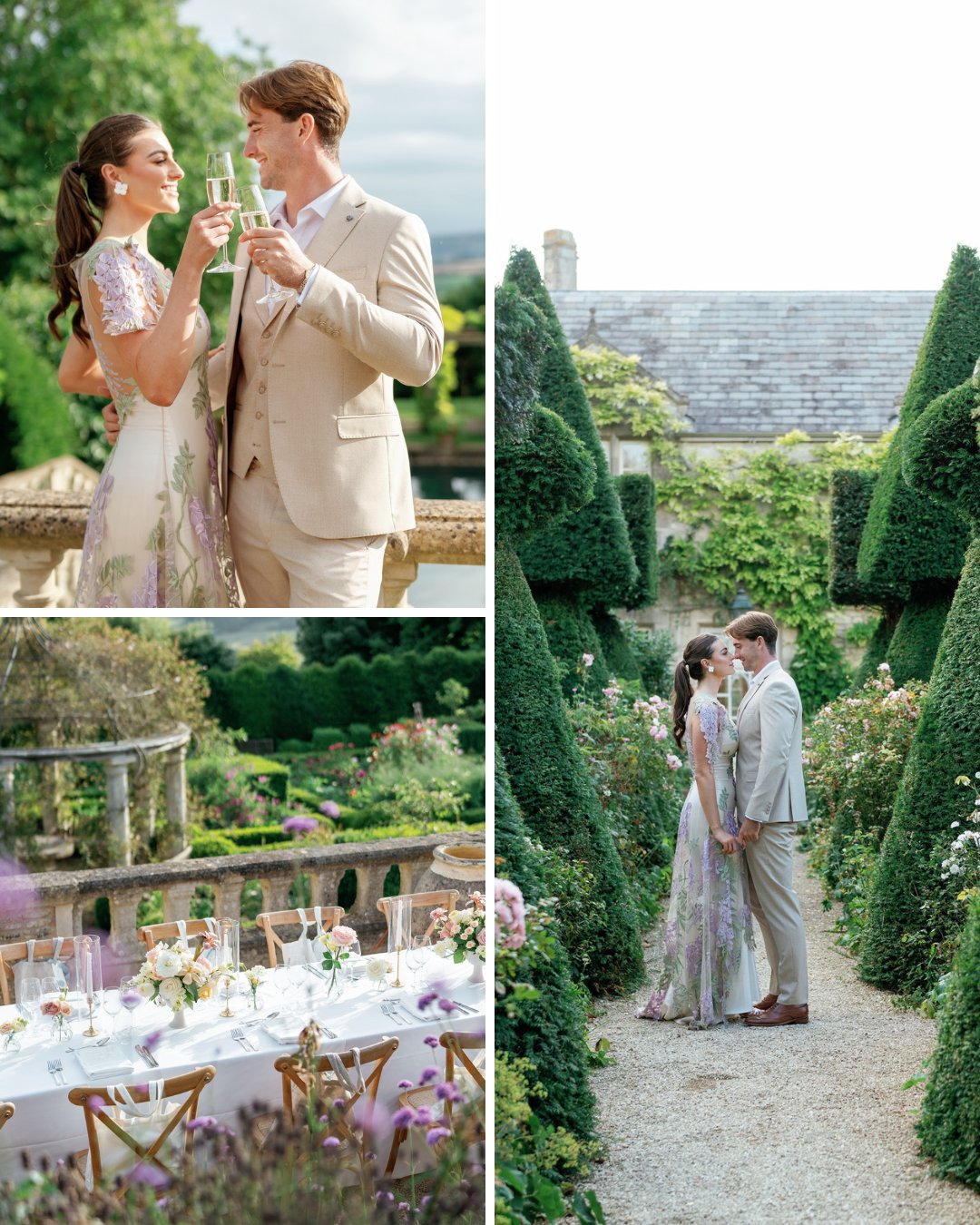 A couple in formal attire toasts with champagne, stands in a garden, and embraces surrounded by hedges. An outdoor table is elegantly set for dining.