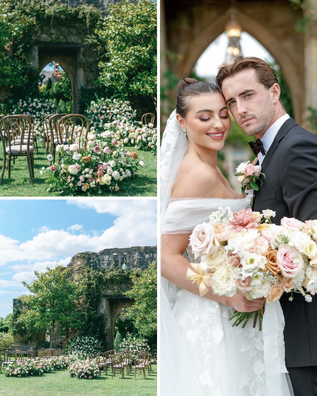 A bride and groom stand closely, holding a bouquet. Nearby, an outdoor wedding ceremony setup features chairs and flower arrangements by a stone arch. The sky is blue with a few clouds.