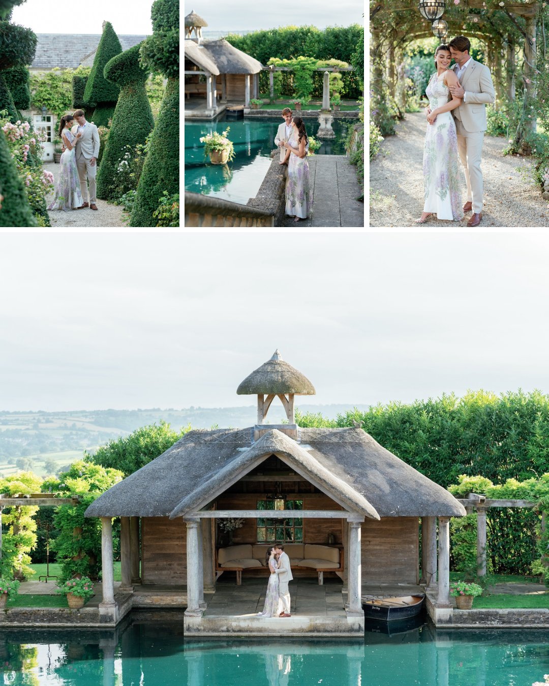 A couple in formal attire poses in a manicured garden with a pool and wooden pavilion.