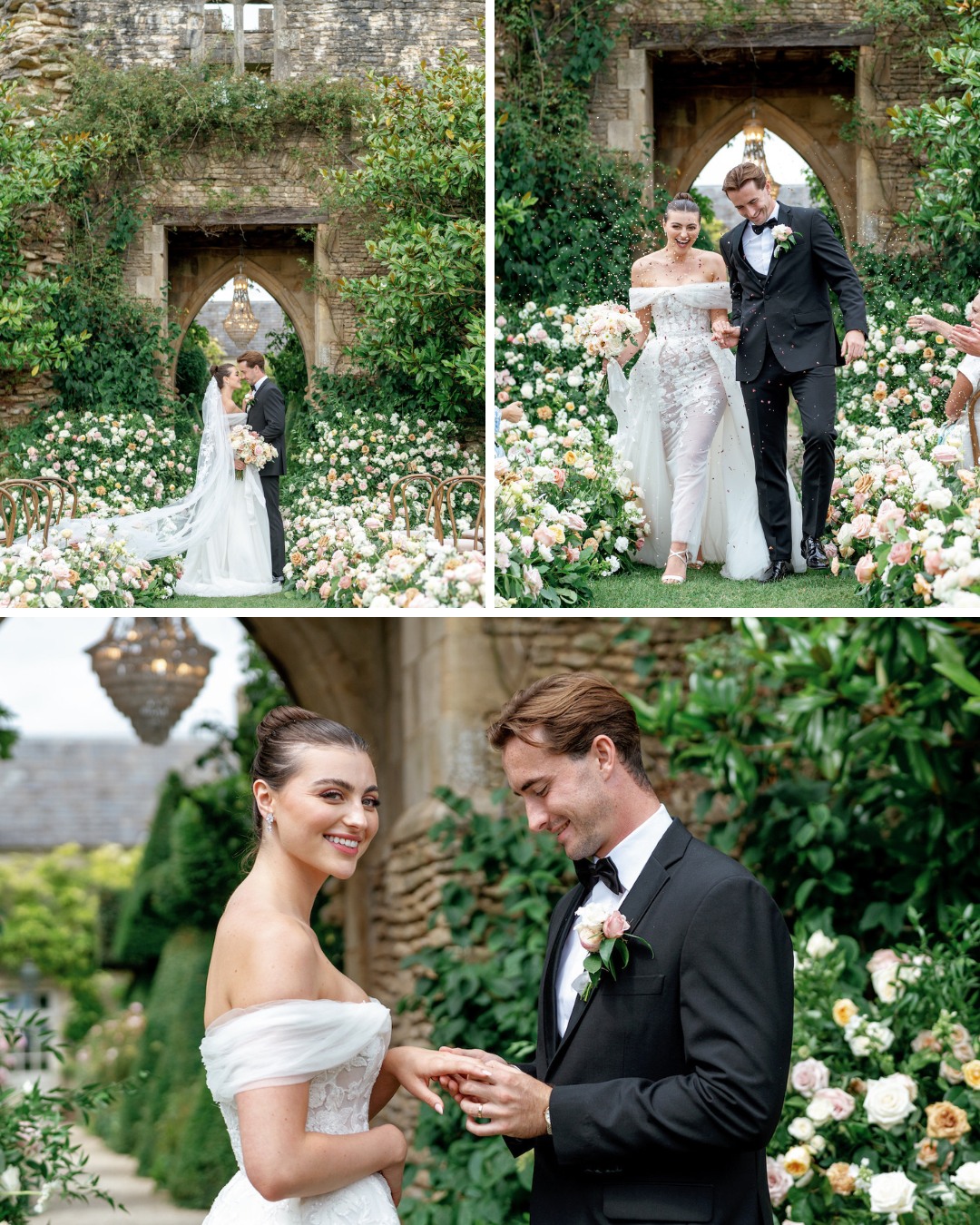 A bride and groom exchange vows and rings in a lush garden ceremony, surrounded by greenery and floral decorations.