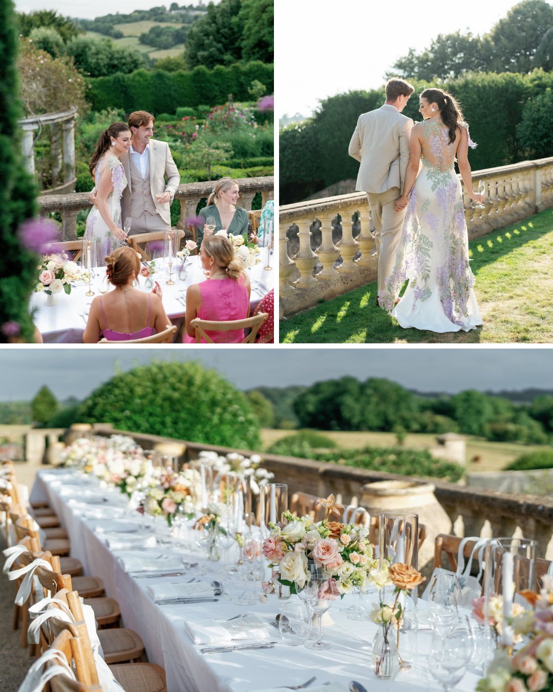 A couple and guests are at an elegantly set outdoor reception. The tables are decorated with flowers and candles, overlooking a scenic landscape.