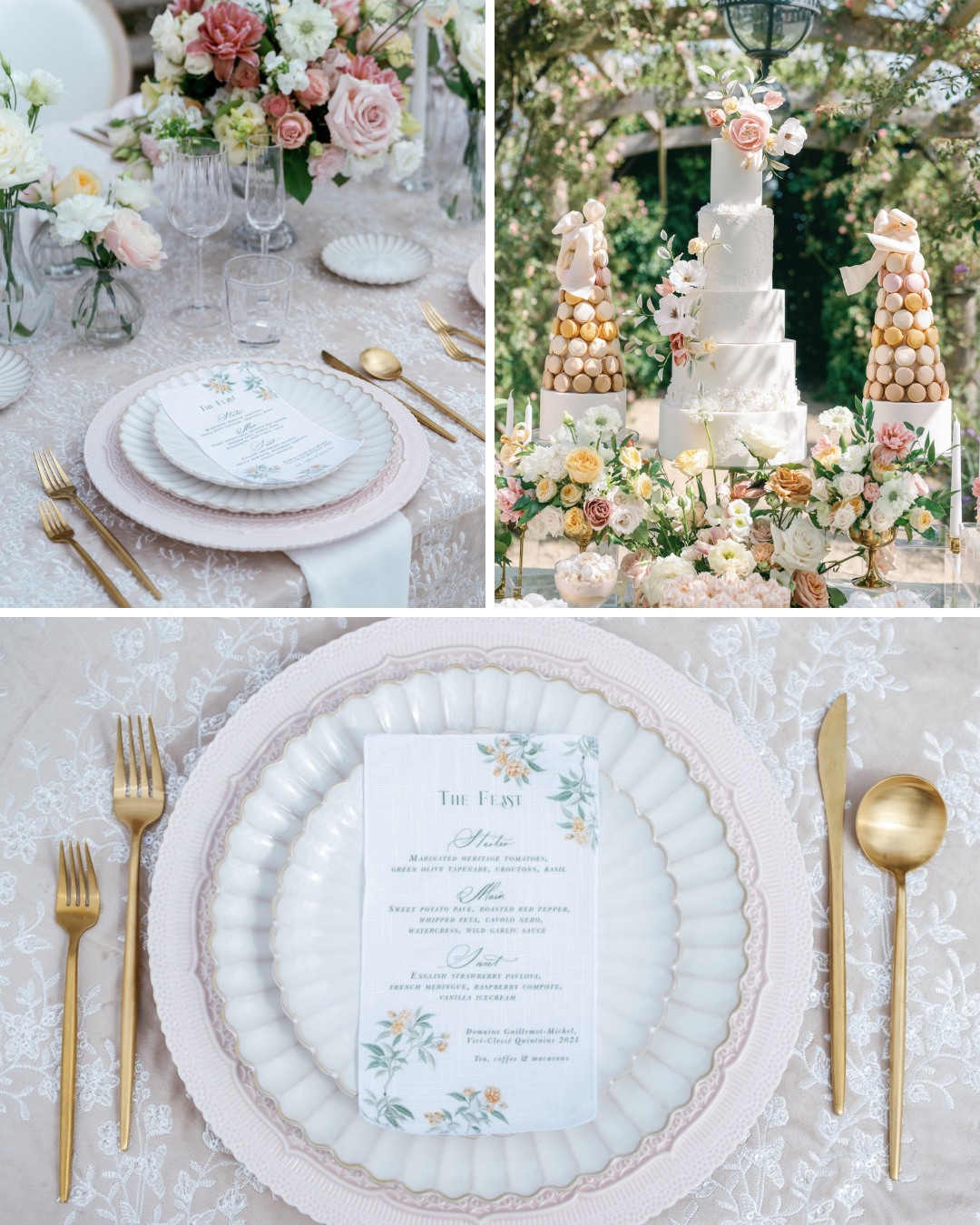 Elegant wedding setup with floral table settings, a tiered cake, and decorative pastries on a lace tablecloth, complemented by gold cutlery and crystal glassware.