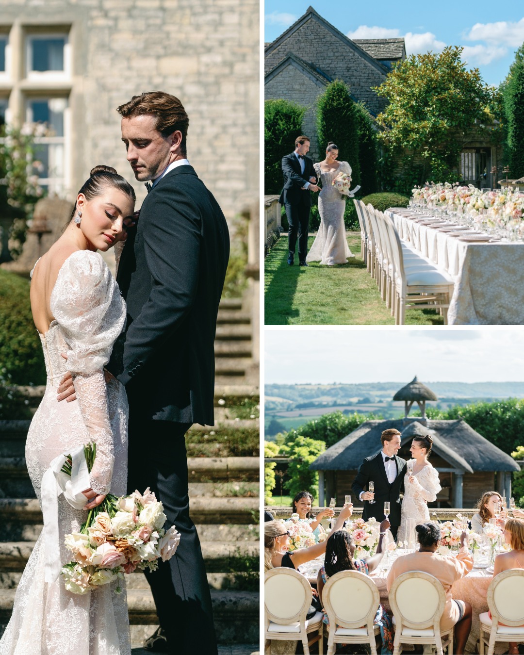 A bride and groom pose on steps, walk in a garden, and celebrate at a long outdoor table with guests. The setting is a picturesque countryside venue with blue skies.