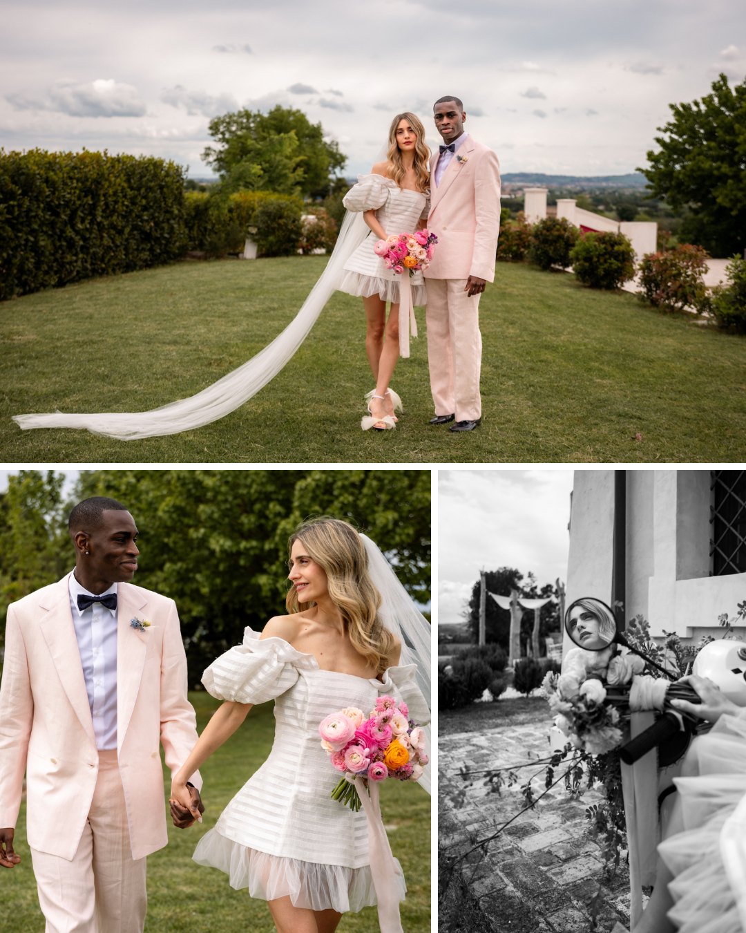 A couple in wedding attire stands on a lawn, the bride holding pink flowers. They walk hand in hand, and a child plays in the foreground with chairs and garlands in the background.