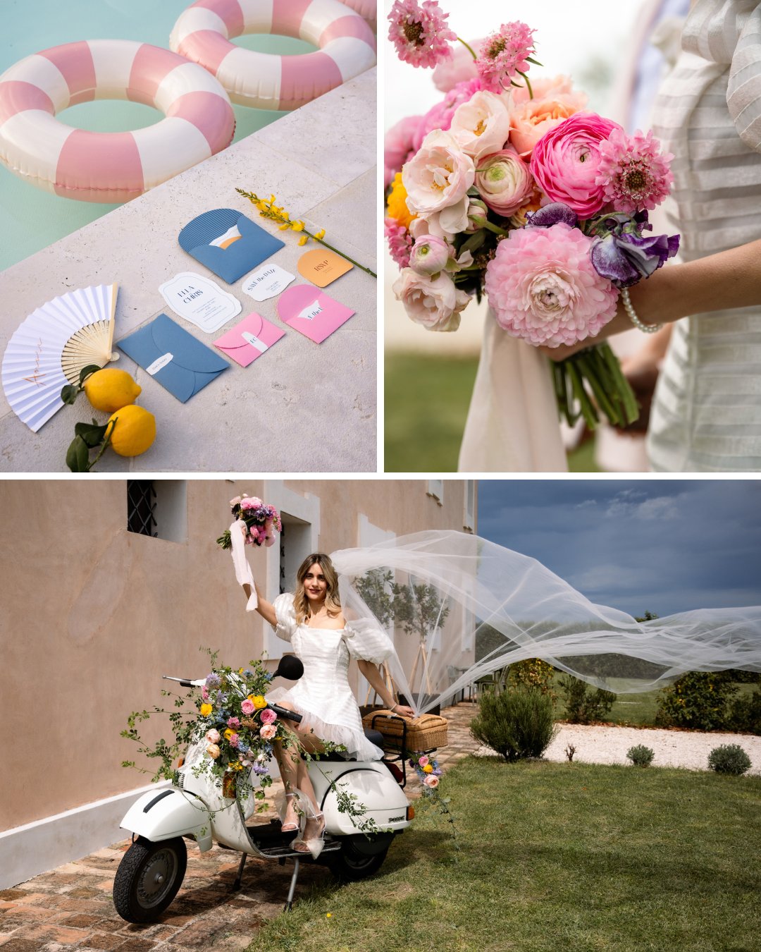 Woman in a white dress holding flowers sits on a decorated scooter outside a building. Nearby, pool floats and colorful invitations are arranged beside lemons.