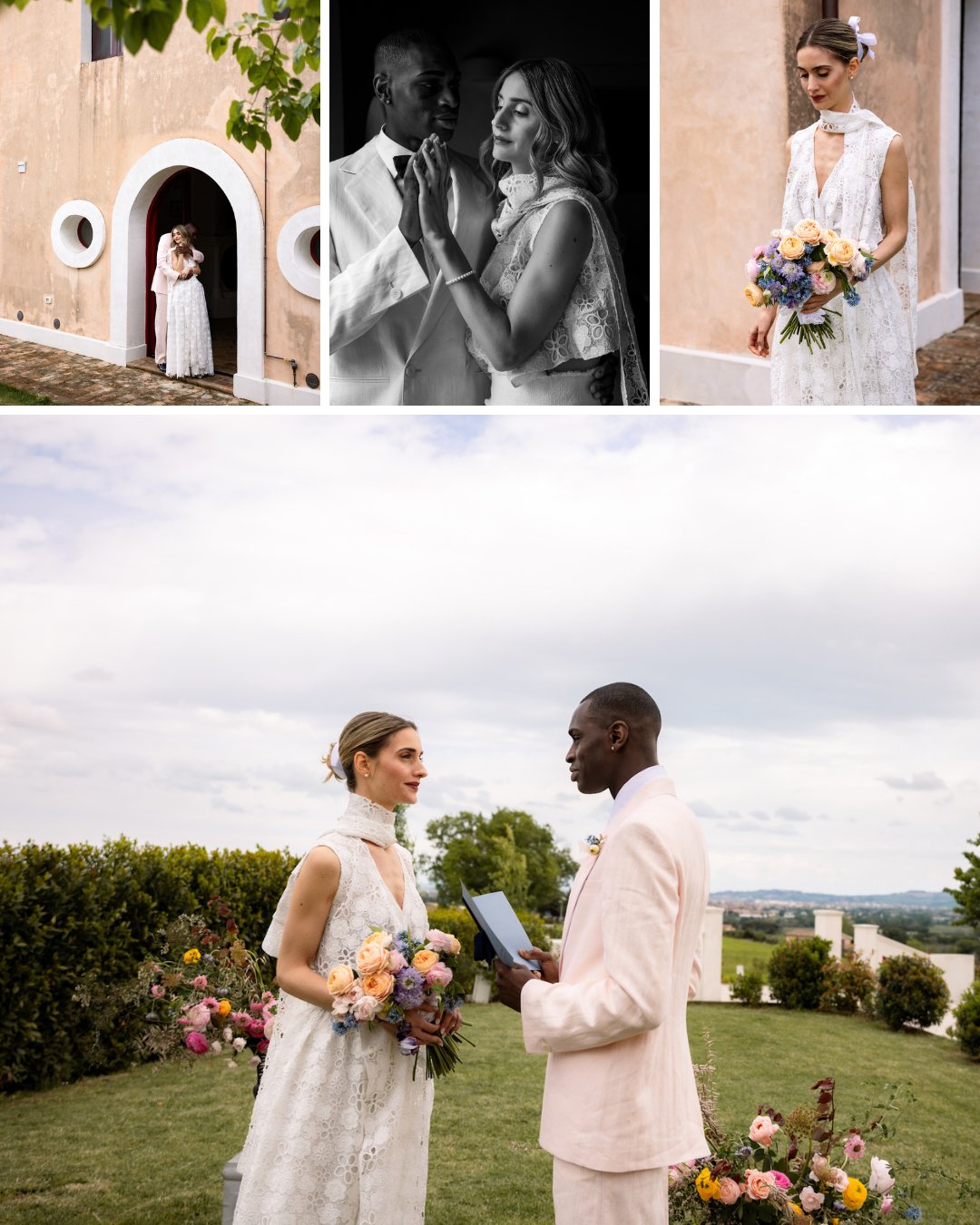 Bride and groom in a garden, exchanging vows with flowers in the foreground. Bride holds a colorful bouquet. The couple is dressed in white attire.