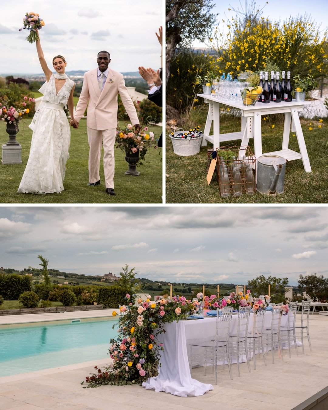 A newlywed couple celebrates outdoors; a drink station with bottles and glasses; a long reception table by a pool adorned with colorful flowers.