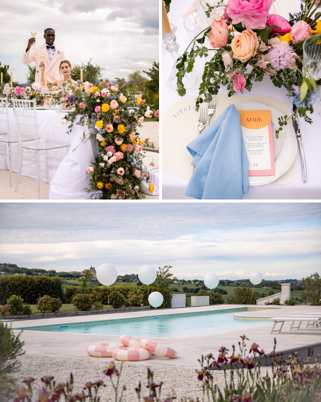 A newlywed couple celebrates outdoors; a drink station with bottles and glasses; a long reception table by a pool adorned with colorful floats and balloons.