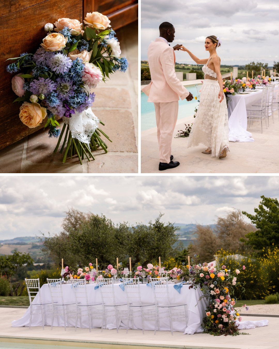 A bridal bouquet with colorful flowers, a couple dancing near a poolside table set with white linens and floral decorations, and a scenic view in the background.