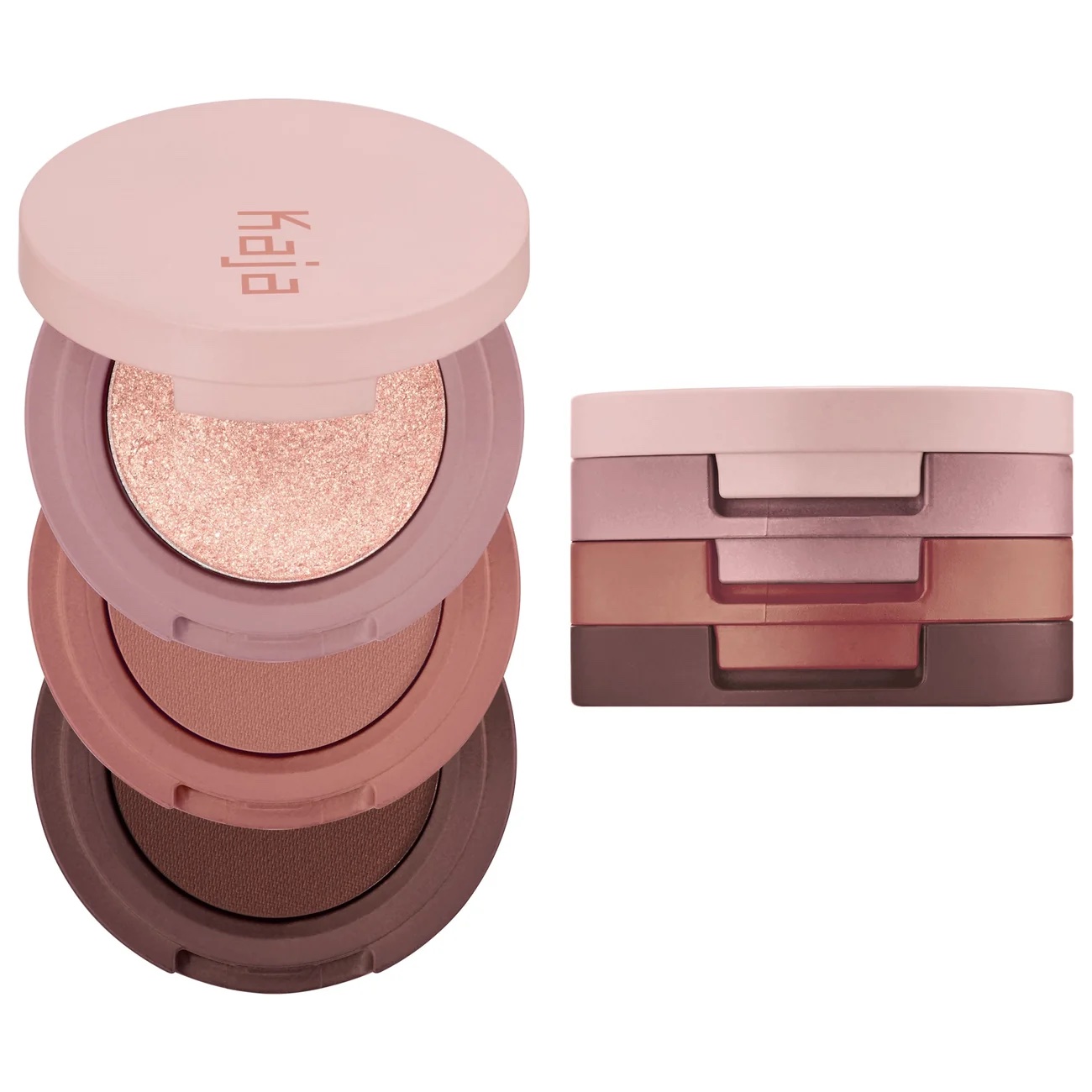 Three stacked makeup compacts are shown open, displaying shimmery and matte powders in neutral shades, with another set of three compacts stacked closed beside them.
