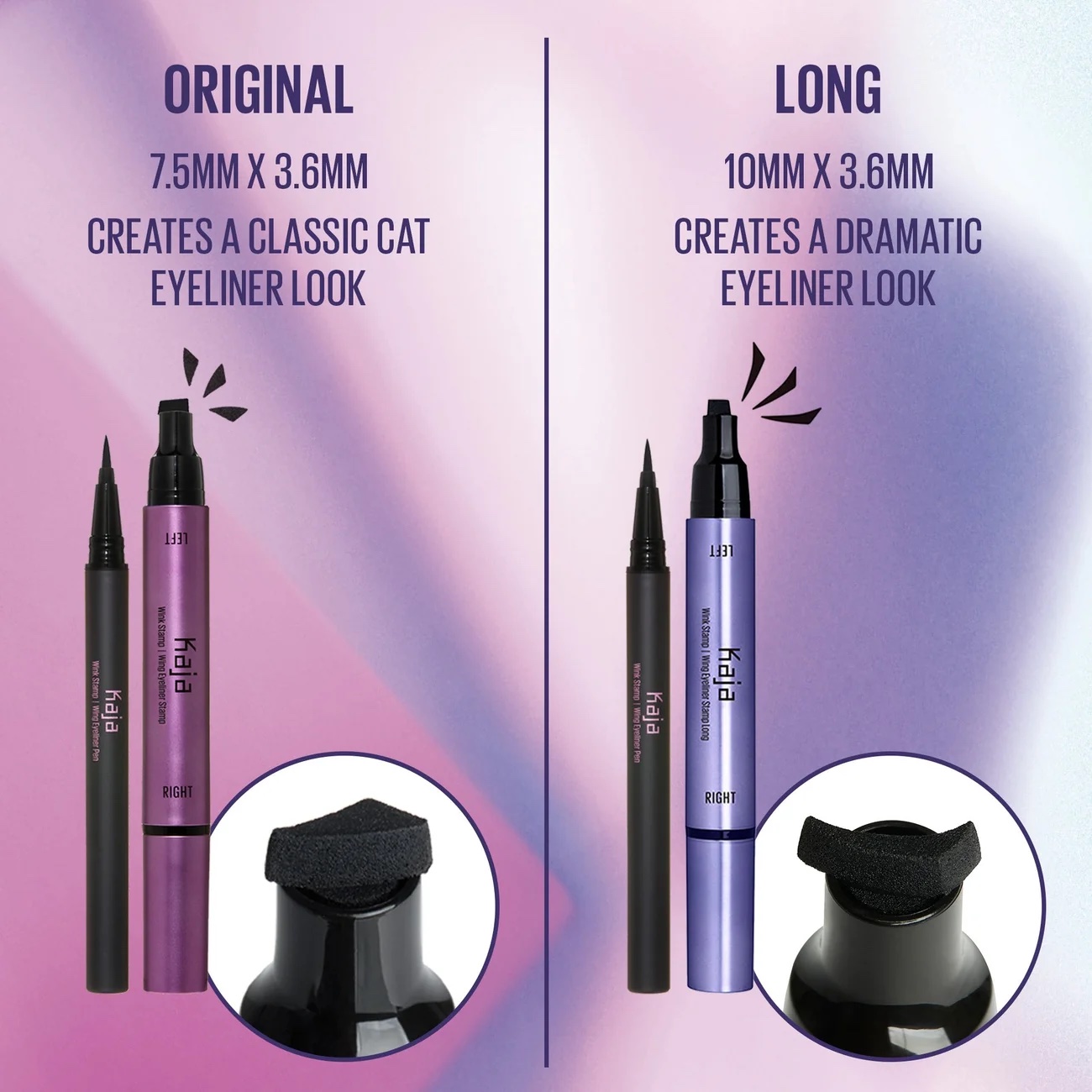 Side-by-side comparison of two eyeliners labeled “Original” and “Long,” showing different tip sizes and the looks they create: classic cat eye and dramatic eyeliner.