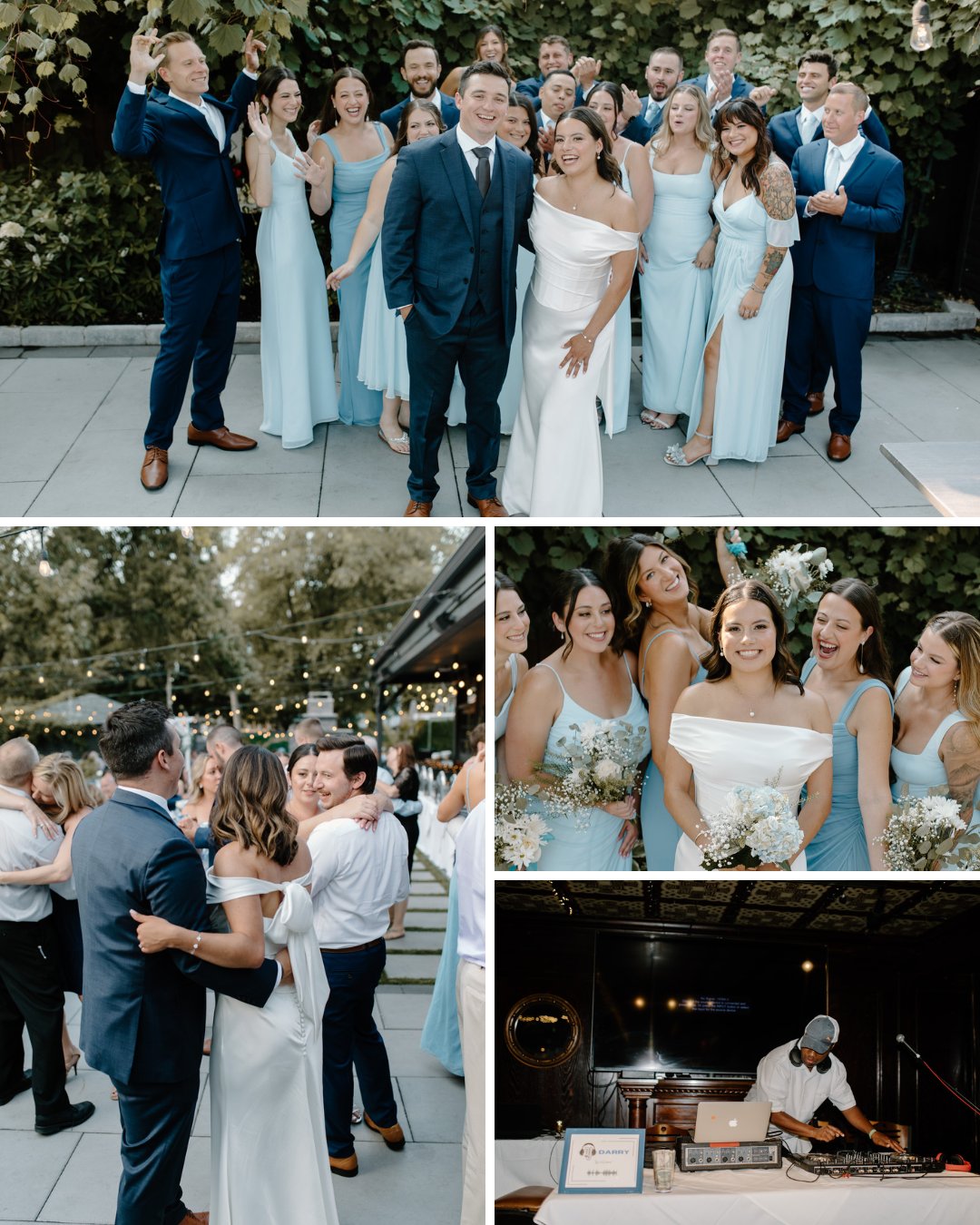 A bride and groom pose with their wedding party in blue attire, dance with guests, group of bridesmaids smile, and a DJ plays music at the reception.