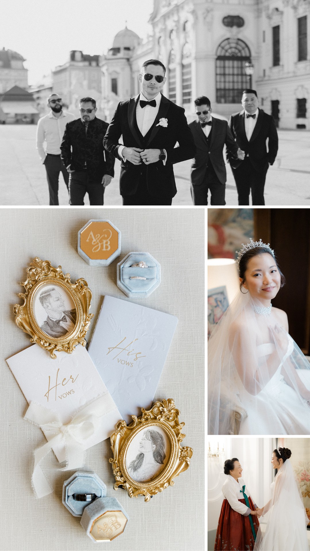 A groom with groomsmen outdoors, bridal accessories and rings, a bride in a tiara and veil, and a bride with another woman in traditional attire.