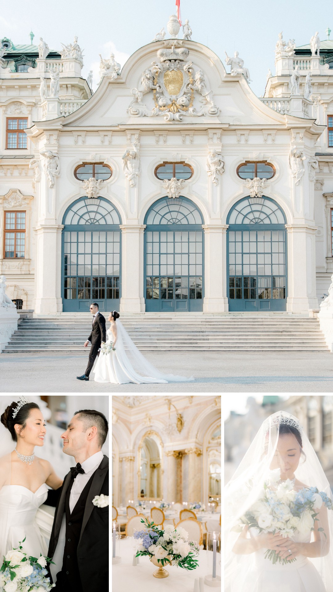 A bride and groom pose at an ornate palace. Additional photos show the couple, wedding floral arrangements, and the bride holding a bouquet inside a decorated venue.