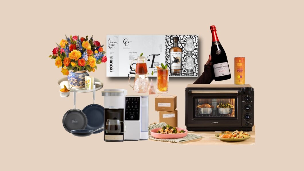 Assorted kitchen appliances, food, drinks, flowers, and cookware are arranged neatly on a beige background.