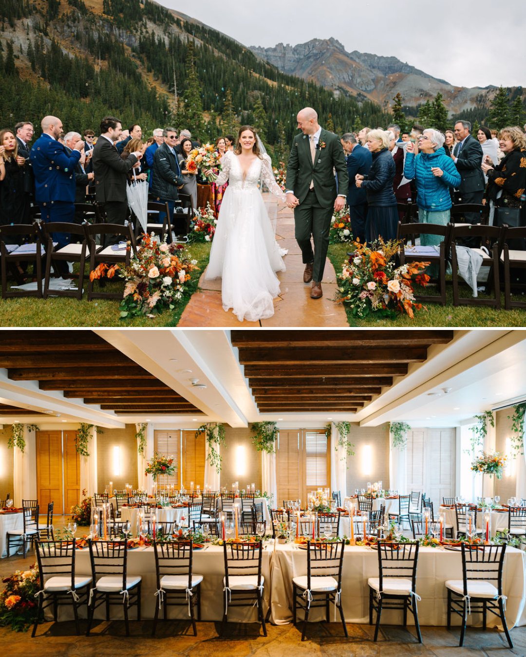 A bride and groom walk down the aisle outdoors with guests applauding above a decorated indoor reception table set for a formal event.