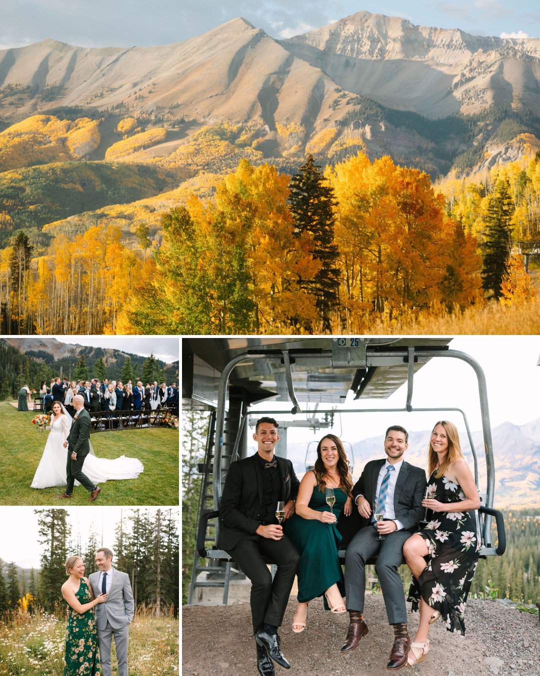 A scenic mountain landscape with autumn foliage is shown above three photos of people dressed formally at an outdoor wedding and seated on a ski lift.