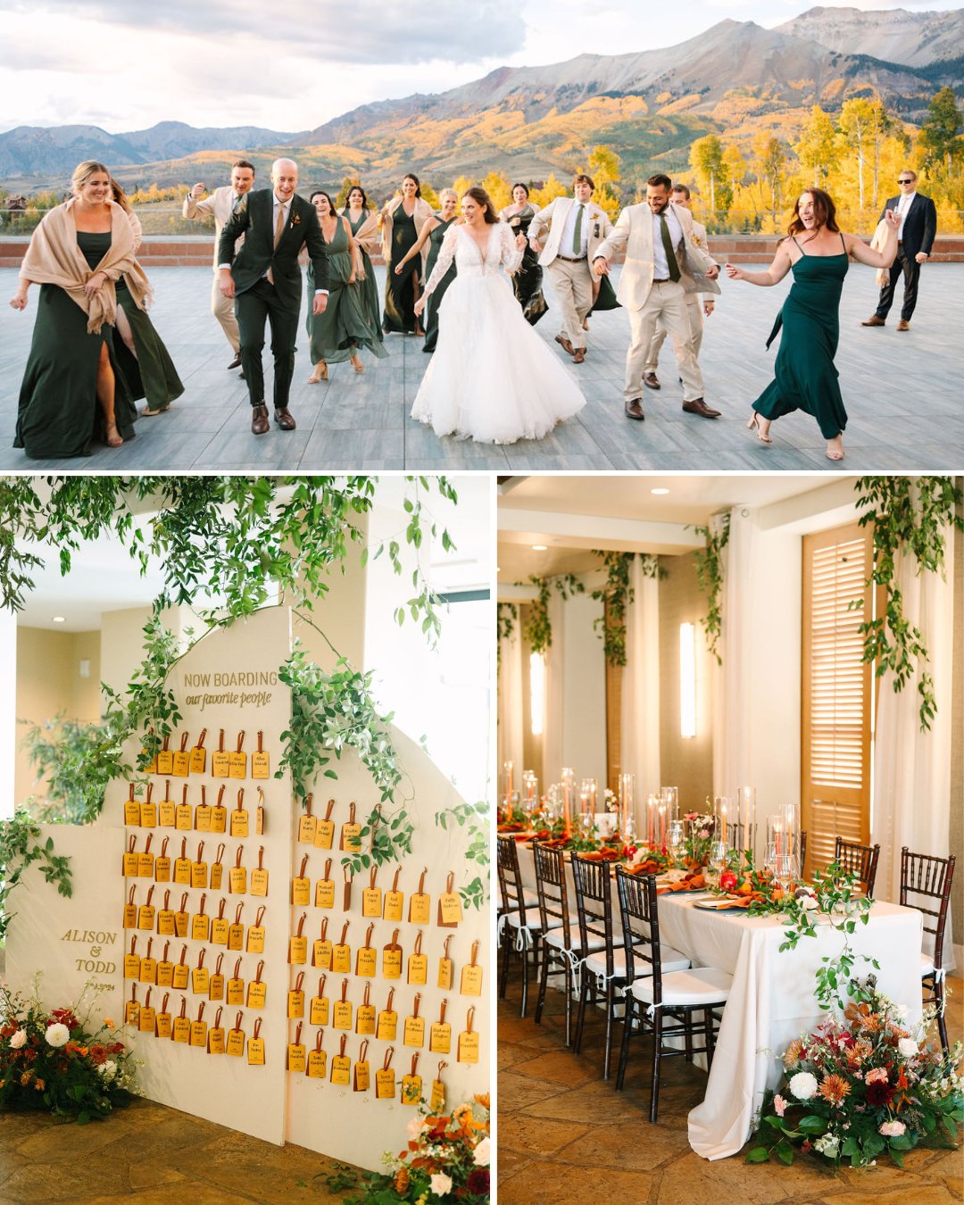 A wedding party walks outdoors; below, a champagne escort card display with greenery and a banquet table decorated with flowers and candles inside a reception venue.