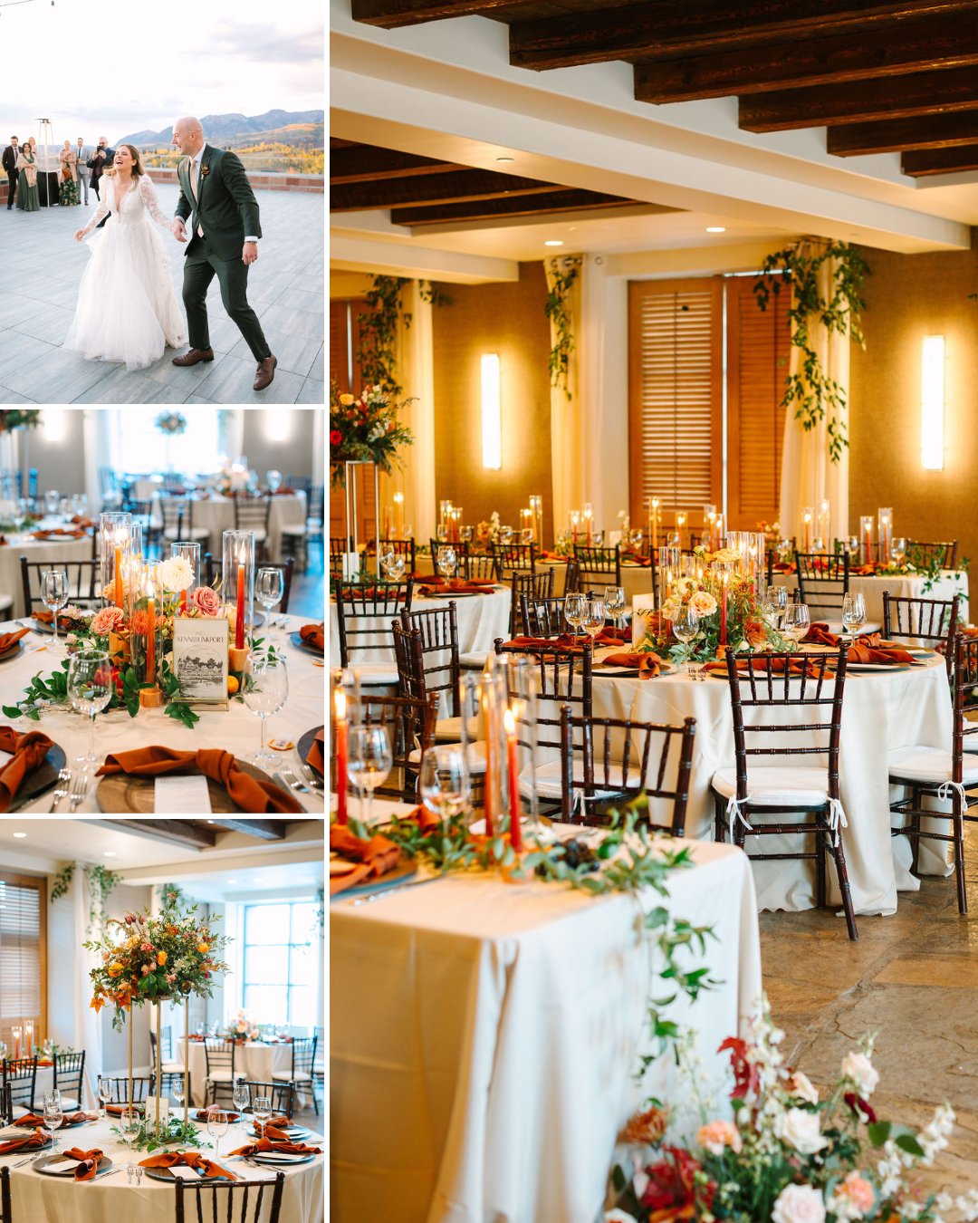 A collage showing a bride and groom walking outdoors, and a decorated indoor wedding reception with round tables, floral centerpieces, candles, and greenery.