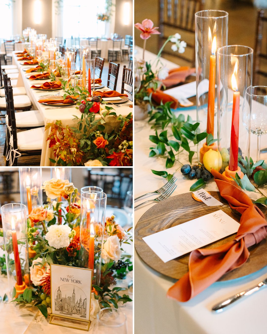 A decorated banquet table with orange candles, floral arrangements, and place settings featuring orange napkins and menus on wooden chargers.
